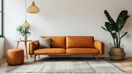 A Living Room With A White Wall, An Orange Leather Sofa, And Minimal Decorations Exudes A Calm And Modern Vibe, High Quality, HD
