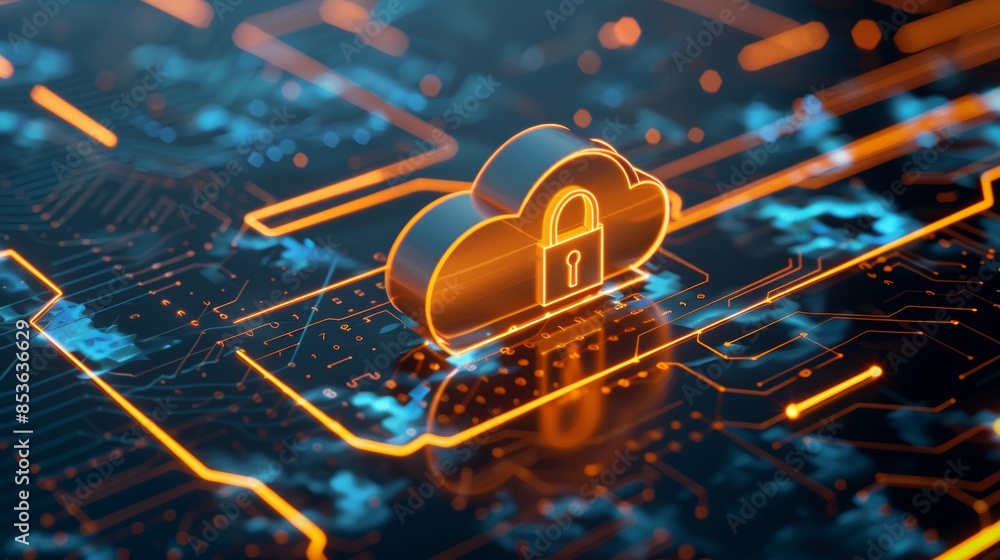 Poster futuristic cityscape with minimalist cloud and metallic lock icon symbolizing data security