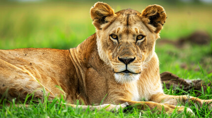 Obraz premium capture lion lying on grass in savannah
