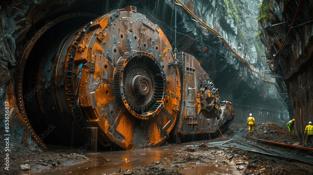 Poster tunnel boring machine in underground construction site. large tunnel boring machine at an undergroun