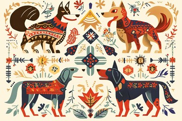 A symmetrical design with dog motifs in the style of Scandinavian folk art on a cream background.