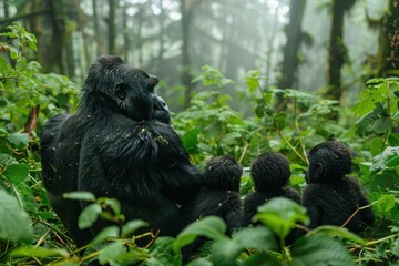 Obraz premium A family of mountain gorillas sitting in a dense forest, the silverback watching protectively over his group while young gorillas play nearby.