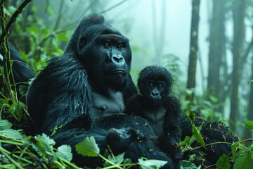 Naklejka premium A family of mountain gorillas sitting in a dense forest, the silverback watching protectively over his group while young gorillas play nearby.