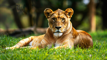 Fototapeta premium capture lion lying on grass in savannah