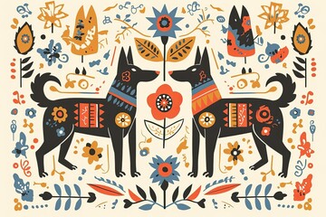 A symmetrical design with dog motifs in the style of Scandinavian folk art on a cream background.