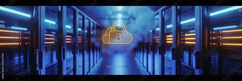 Poster golden lock symbol on white cloud in server room with flashing blue lights for secure data storage