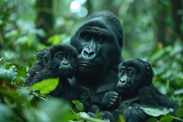Obraz premium A family of mountain gorillas sitting in a dense forest, the silverback watching protectively over his group while young gorillas play nearby.