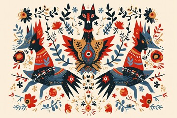 A symmetrical design with dog motifs in the style of Scandinavian folk art on a cream background.