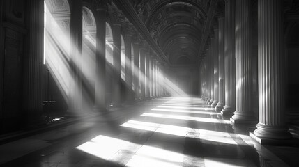 A long empty hallway with sunlight streaming in from the top