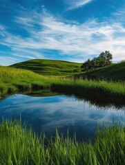 Serene Tranquility: Grass Field with Reflecting Pond and Lush Greenery Under Blue Sky
