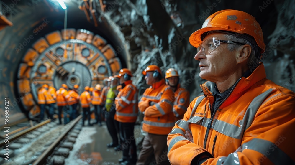 Poster supervisor and team monitoring tunnel boring machine. supervisor in safety gear and a team of worker