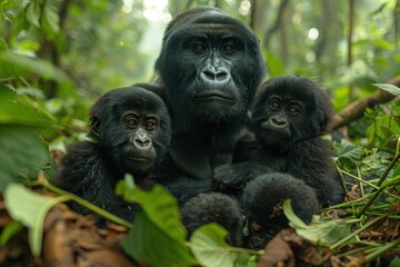 Obraz premium A family of mountain gorillas sitting in a dense forest, the silverback watching protectively over his group while young gorillas play nearby.