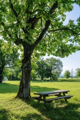 Tranquil Retreat: Wooden Bench in Grassy Field Under Majestic Tree for Relaxing in Nature's Embrace