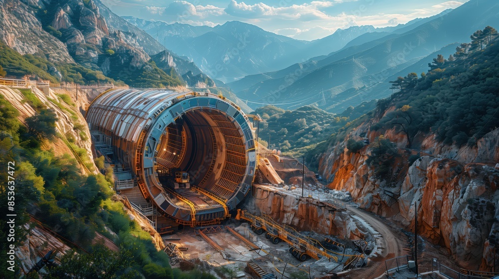 Poster tunnel construction with stunning mountain view. large tunnel boring machine in a mountain construct