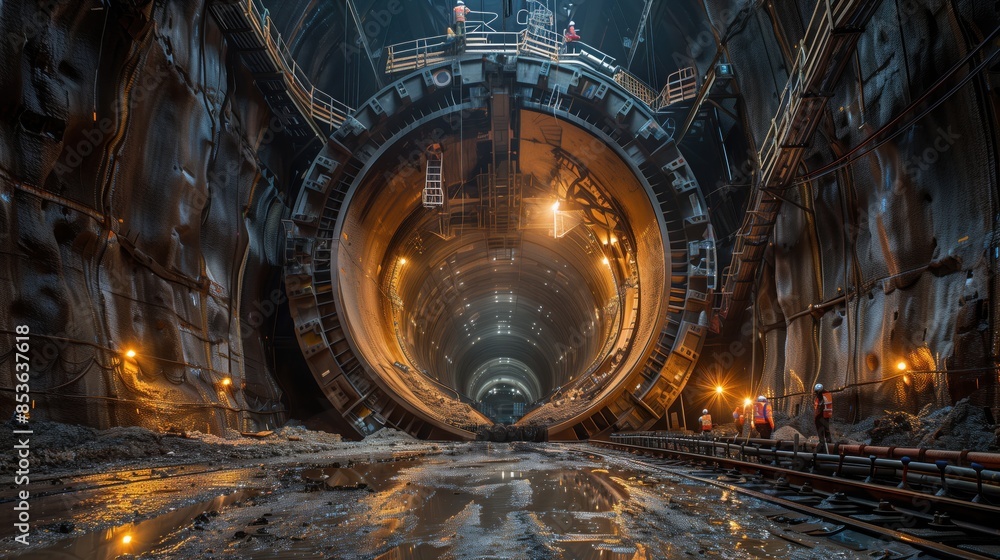 Poster interior view of tunnel boring machine in progress. the interior of a tunnel boring machine in progr