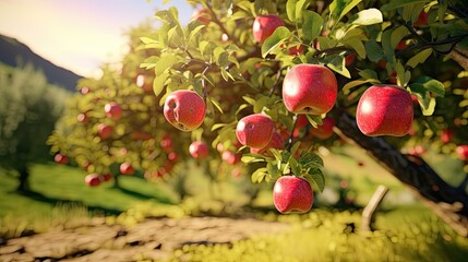 Fruit farm with apple trees. Branch with natural apples on blurred background