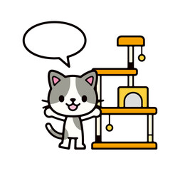 キャットタワーの前に立つハチワレ猫と漫画の吹き出しのかわいいイラスト