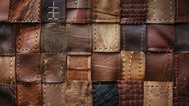 Patchwork Leather Texture, Close-up view of a detailed patchwork leather texture showcasing various shades and types of leather. 