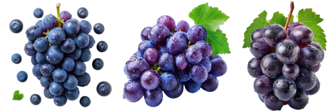 A collection of vibrant and fresh purple grape bunches with green leaves, showcasing their juicy and delicious appearance Transparent Background.