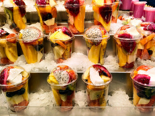 Fruit salads for sale at the Mercado de La Boqueria (english: Boqueria Market). Barcelona, Catalonia, Spain. Most famous Barclona market