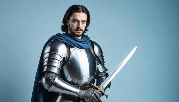A gallant medieval knight with sword on black horseback, clad in shining armor, blue background