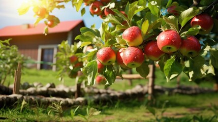 Fruit farm with apple trees. Branch with natural apples on blurred background