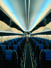 Passenger plane interior details. Empty seats, moment before passengers board