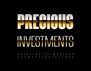 Vector trendy emblem Precious Investments. Elite Gold Font. Exclusive Slim Alphabet Letters and Numbers set.