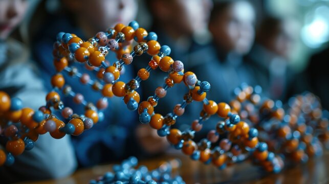 Students Observing DNA Model. Students observe a detailed DNA model, emphasizing the importance of genetic studies and interactive learning in a school setting.