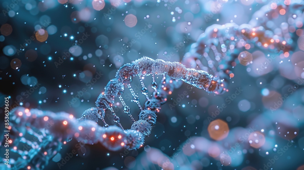 Poster detailed dna strand with bokeh effect. highly detailed dna strand with glowing lights and bokeh effe