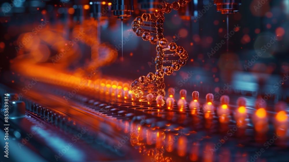 Poster high-tech dna sequencing machine. high-tech dna sequencing machine with glowing red lights, highligh