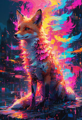 A majestic vibrant bright ethereal fox stands amidst a kaleidoscope of swirling colors and cosmic waves as a retro-futuristic cityscape glimmers in the background.