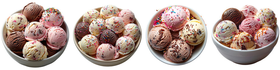 Colorful ice cream scoops in bowls with sprinkles and chocolate, featuring a variety of flavors and textures for dessert lovers Transparent Background 