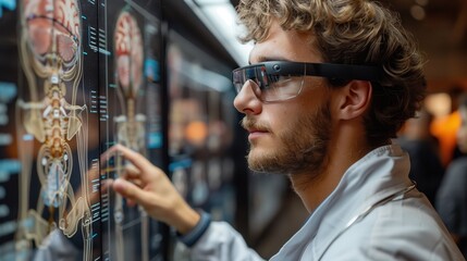 Medical Student Using Smart Glasses for Anatomy. Medical student wearing smart glasses and interacting with a digital anatomical display, enhancing learning with advanced technology.