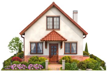 Front view of a small family building with a colourful garden isolated on a white background