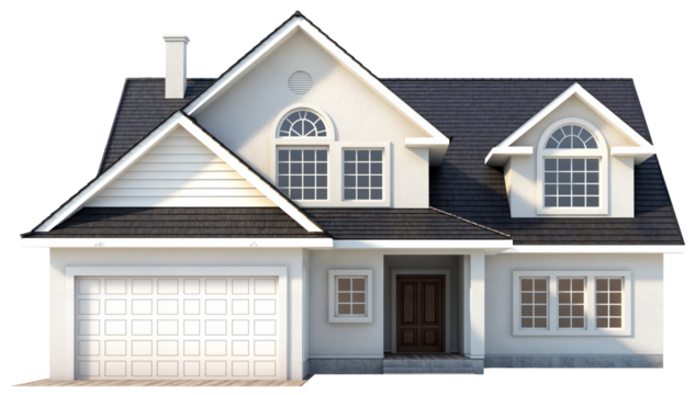 Front view of a modern white family house with a garage for cars isolated on a transparent background