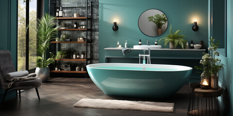 Interior of bathroom in teal color in modern house.
