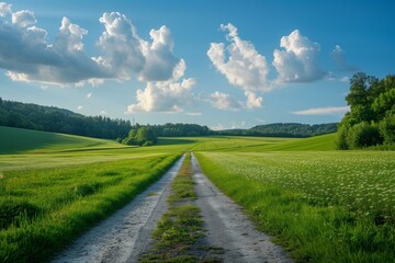 Straight country road and green farmland natural scenery at sunrise