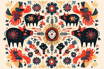 A symmetrical design with pig motifs in the style of Scandinavian folk art on a cream background.