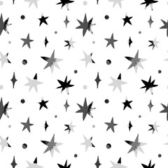 Monochrome stylish retro vector seamless pattern with stars. White background and vinage grey stars. Abstract design for textile print, page fill, wrapping paper, web, cover