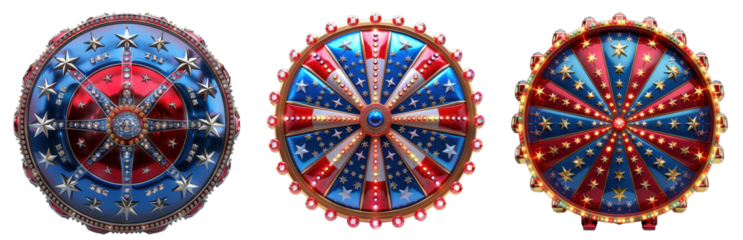Three colorful carnival shields with intricate patterns and vibrant decorations representing a festive culture and artistic craftsmanship Transparent Background 