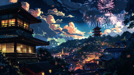 Obraz premium illustration art festival of firework in japan style art anime
