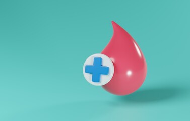 Blood Drop with Red Cross Sign 3D Icon for Medical and Healthcare Projects. 3D render