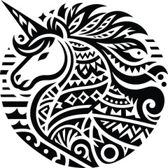 unicorn in silhouete with Polynesian ethnic pattern illustration