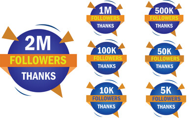 Bundle of followers. 2M, 1M, 500K, 100K, 50K, 10K, 5K followers badge. Set of followers isolated on white background. 