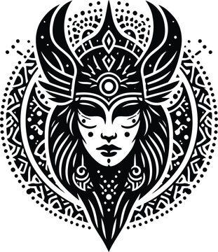 recommend clip art: valkyre in silhouete with bohemian nature pattern illustration