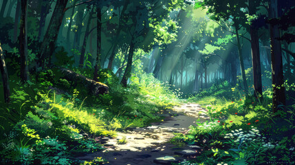 Obraz premium illustration art forest at summer style art anime