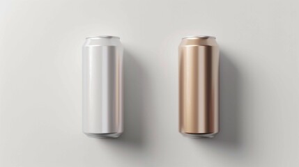 Blank Aluminum and Copper Beverage Cans on Neutral Background. Generative AI