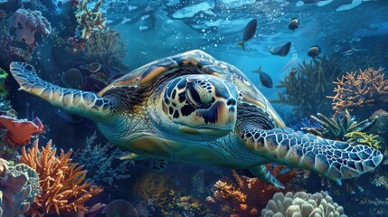 Fototapeta premium A beautiful sea turtle explores a vibrant underwater world, surrounded by coral and marine life