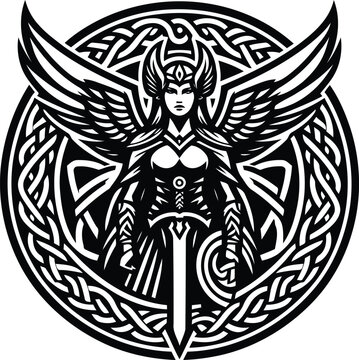 recommend clip art: valkyre in silhouete with celtic knot pattern illustration